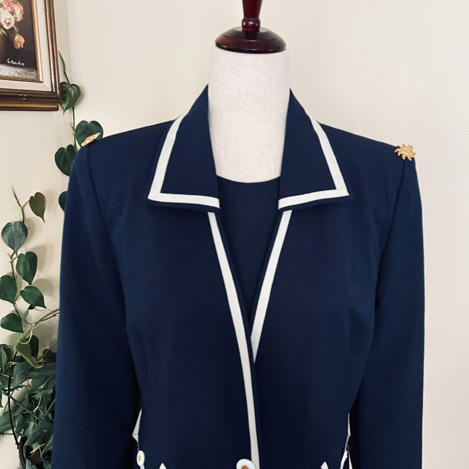 Diane Roberts Vintage Navy Blue Nautical Dress sz 14H Gold Star Buttons 3 piece