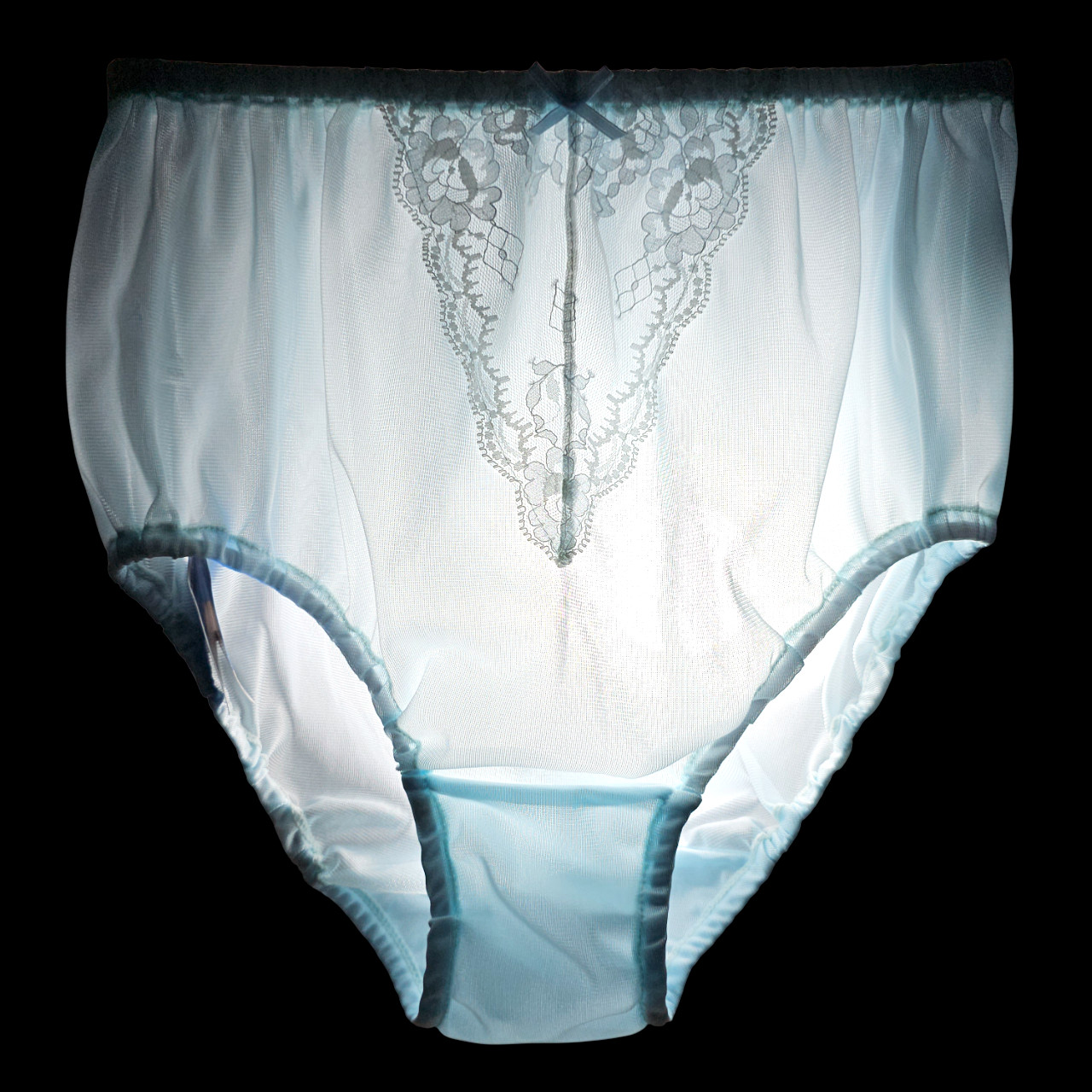 VTG Sheer Polyester Panty Sissy Blue Nylon V Lace Silky Brief Size 8 Hip 42-45″