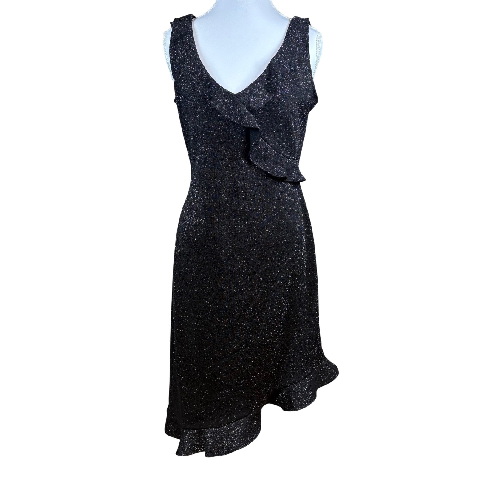 Vtg Breakin’Loose Dress 9/10 Black Silver Metallic Asymmetric Hem Ruffle Fairy