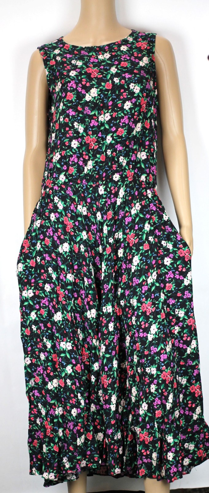 1990s Y2K Vintage Dress Black Floral Rayon Long Sleeveless Cottagecore Grunge 14