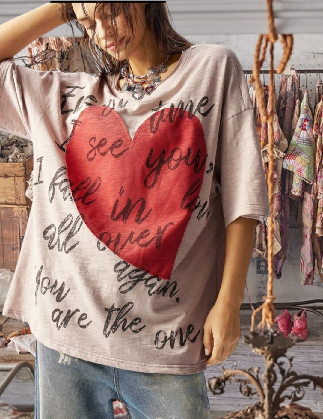 Magnolia Style Light Beige Vintage Distressed hippie boho Tunic shirt top S