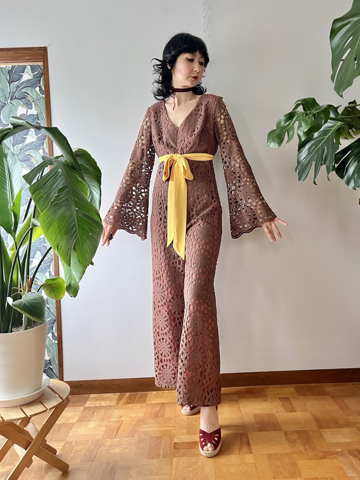 60s 70s Joy Stevens California Crochet Lace Bell Sleeve Flared Wide Leg Jumpsuit