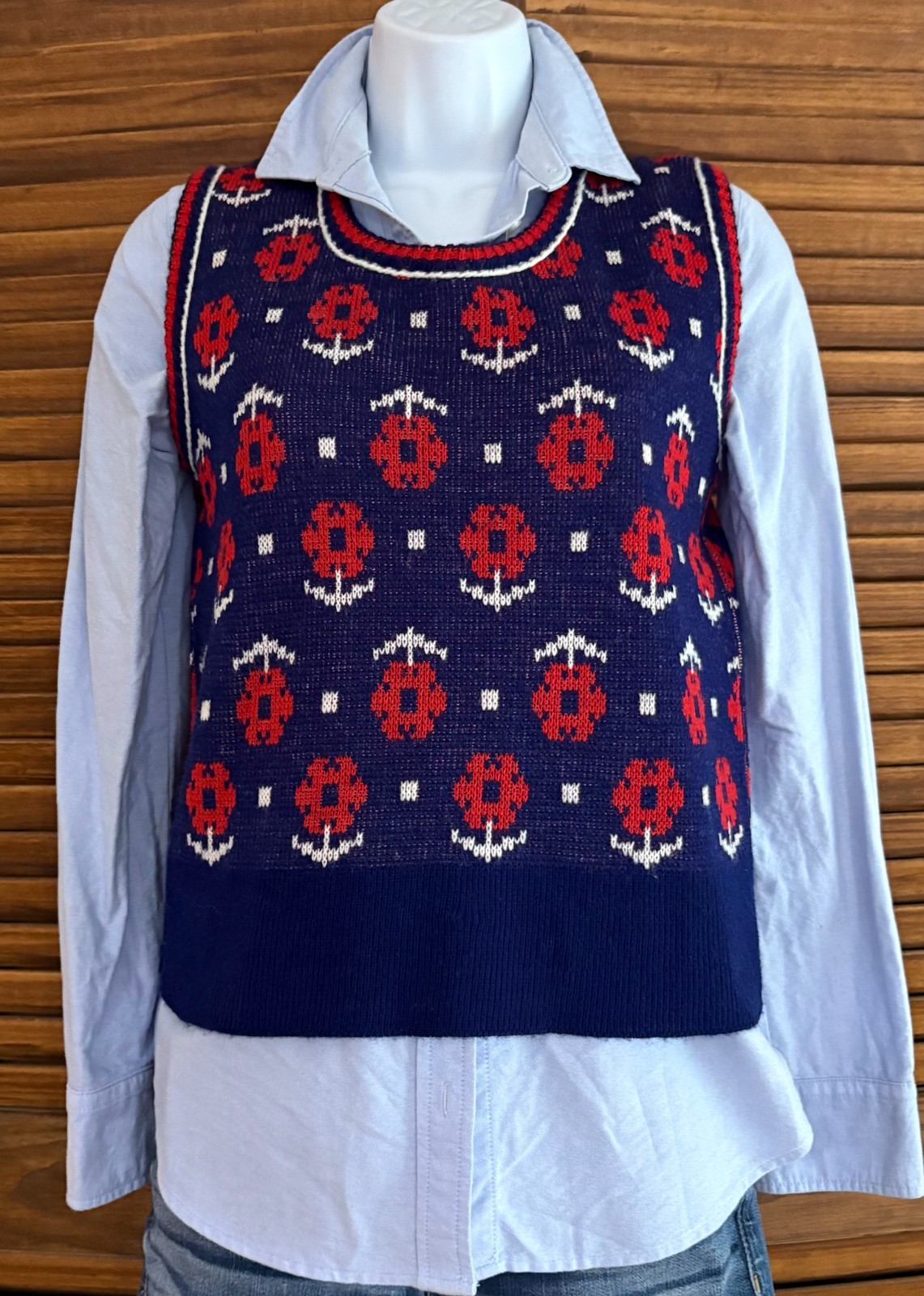 Ship 'n Shore Sweater Vest Women M Vintage 70s Navy Red Floral Daisy