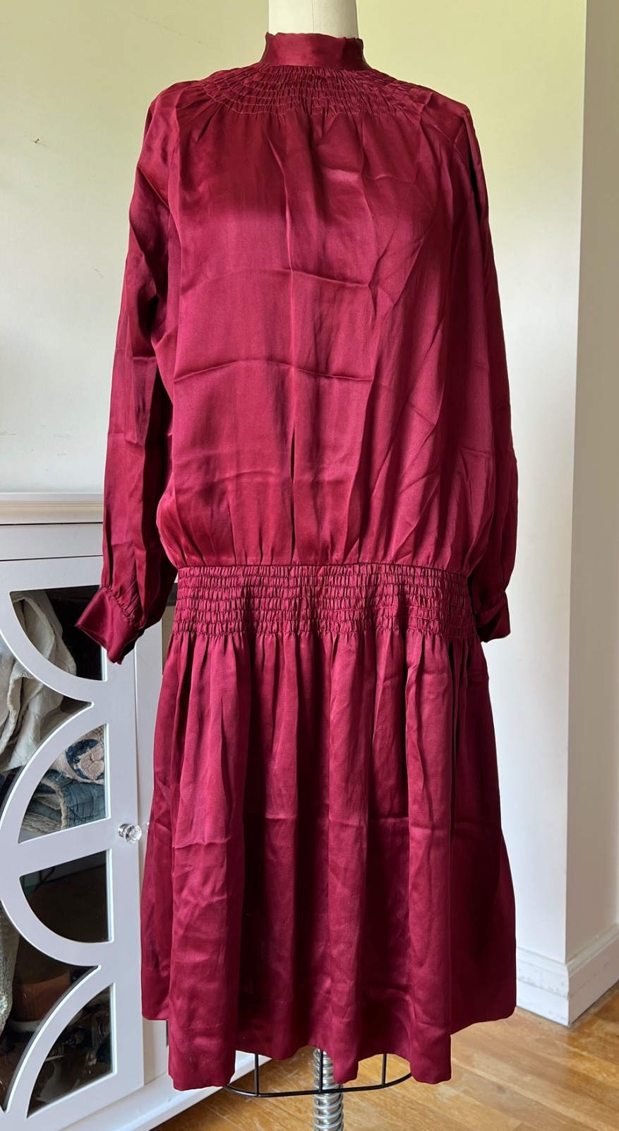 Antique 1920s Silk Drop Waist Dress Wine Red Flapper Long Sleeve Widder Bros SM