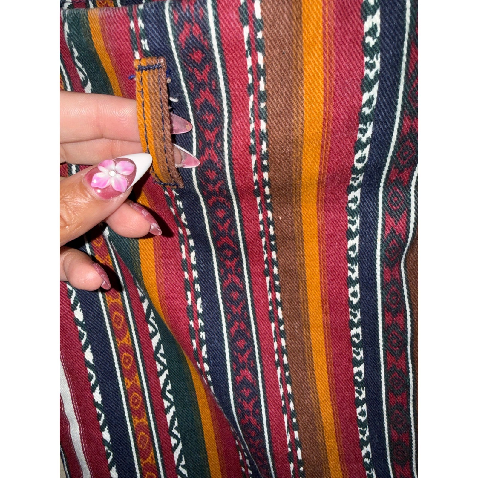 Vintage Stone Gear Southwestern Striped Midi Skirt Fringe Side 3 Boho Festival