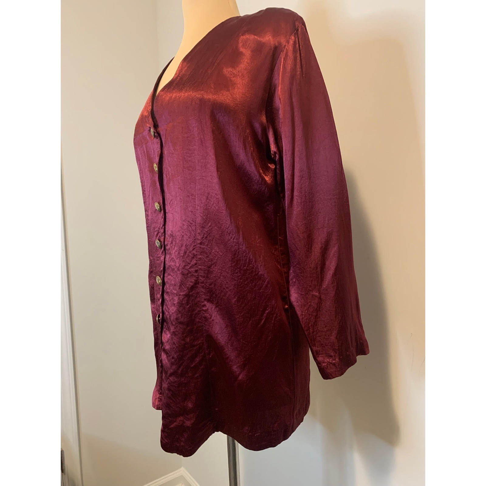 Vintage 80s Sequel Burgundy Button Front Tunic Top S/M