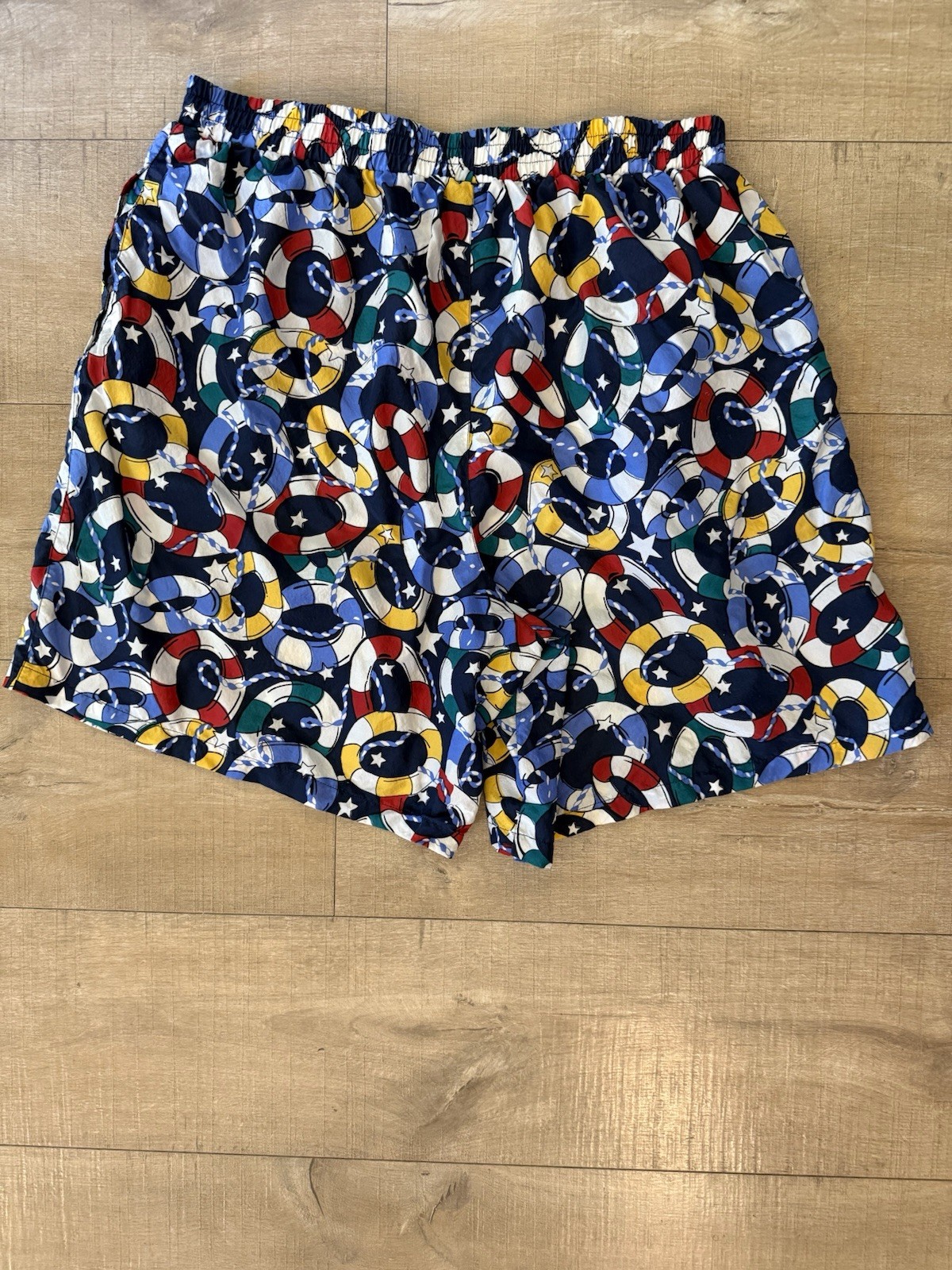 Vintage Silk Nautical Lifebuoy Print Shorts – Navy red Multicolor novelty Large