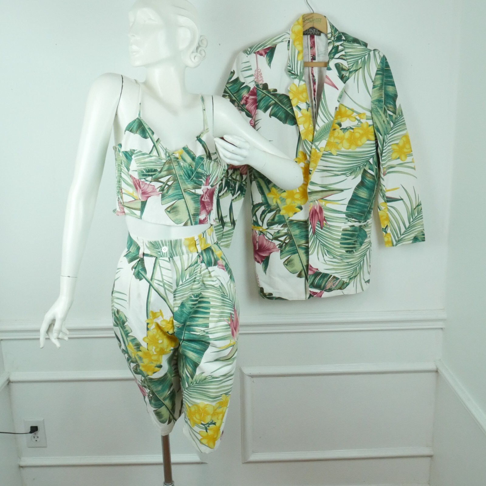 Vintage Tropical Resort Outfit Top Shorts Jacket Floral Print Retro XXS 90s