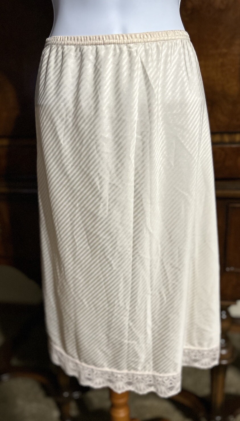 Vintage Striped Satin Half Slip Lace Trim Untagged 30” Waist