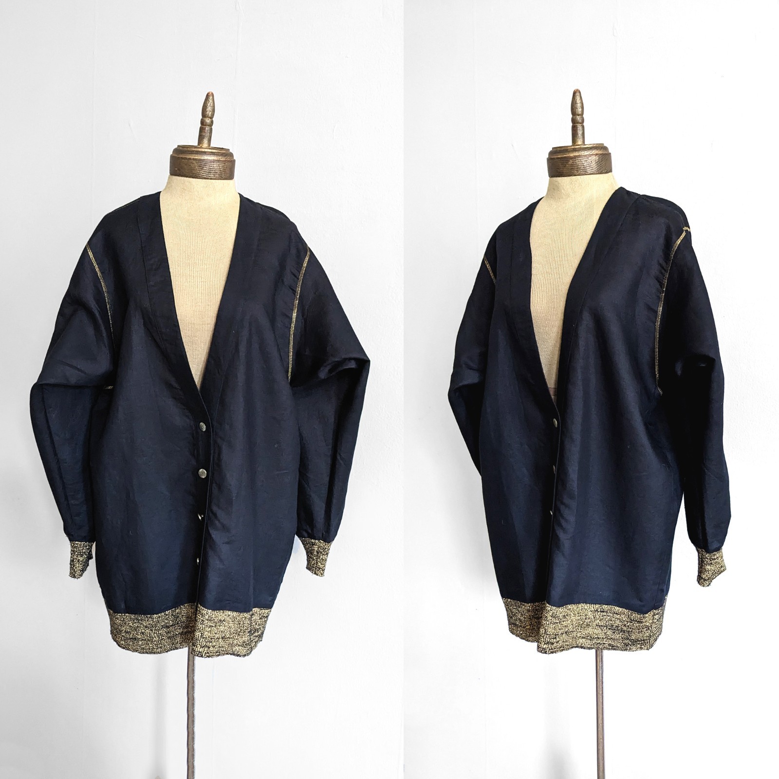 vtg 90s linen blend black & gold mid length cardigan jacket
