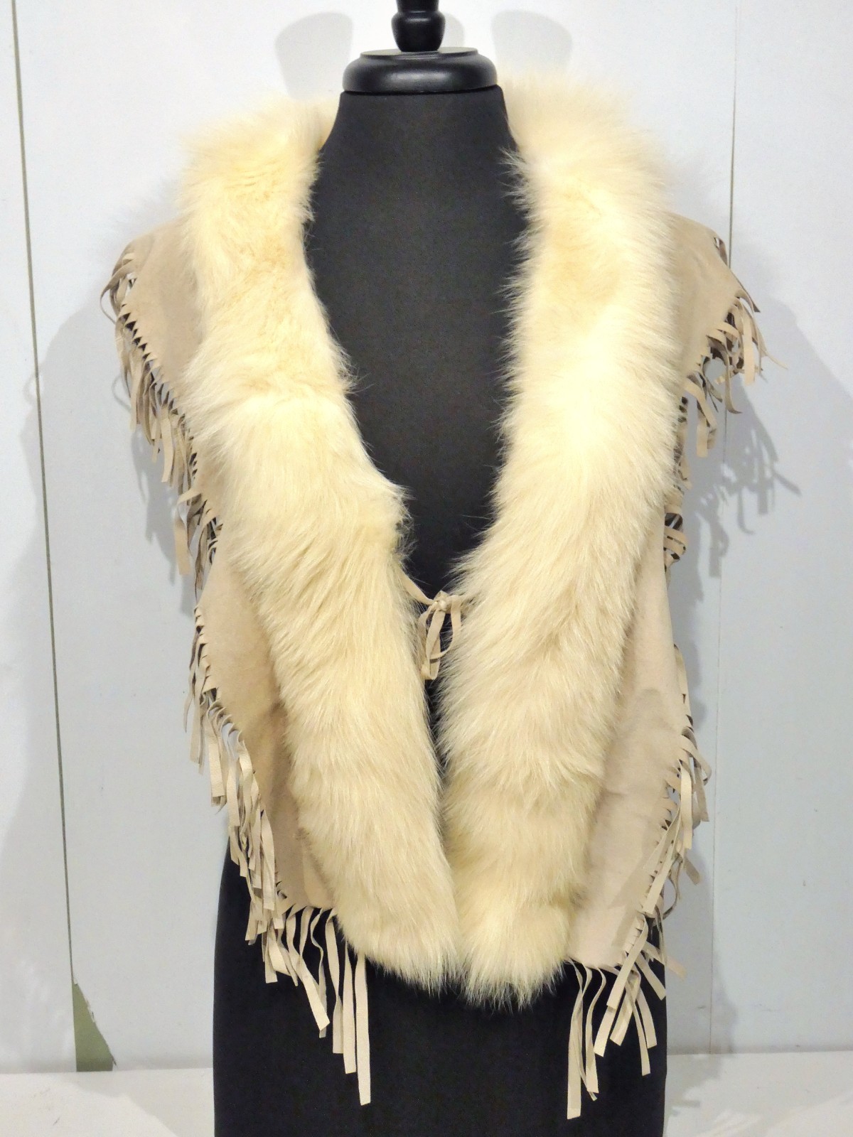 Luc Desrosiers Tan Leather White Fur Frilled Shawl Cape Signed Authentic