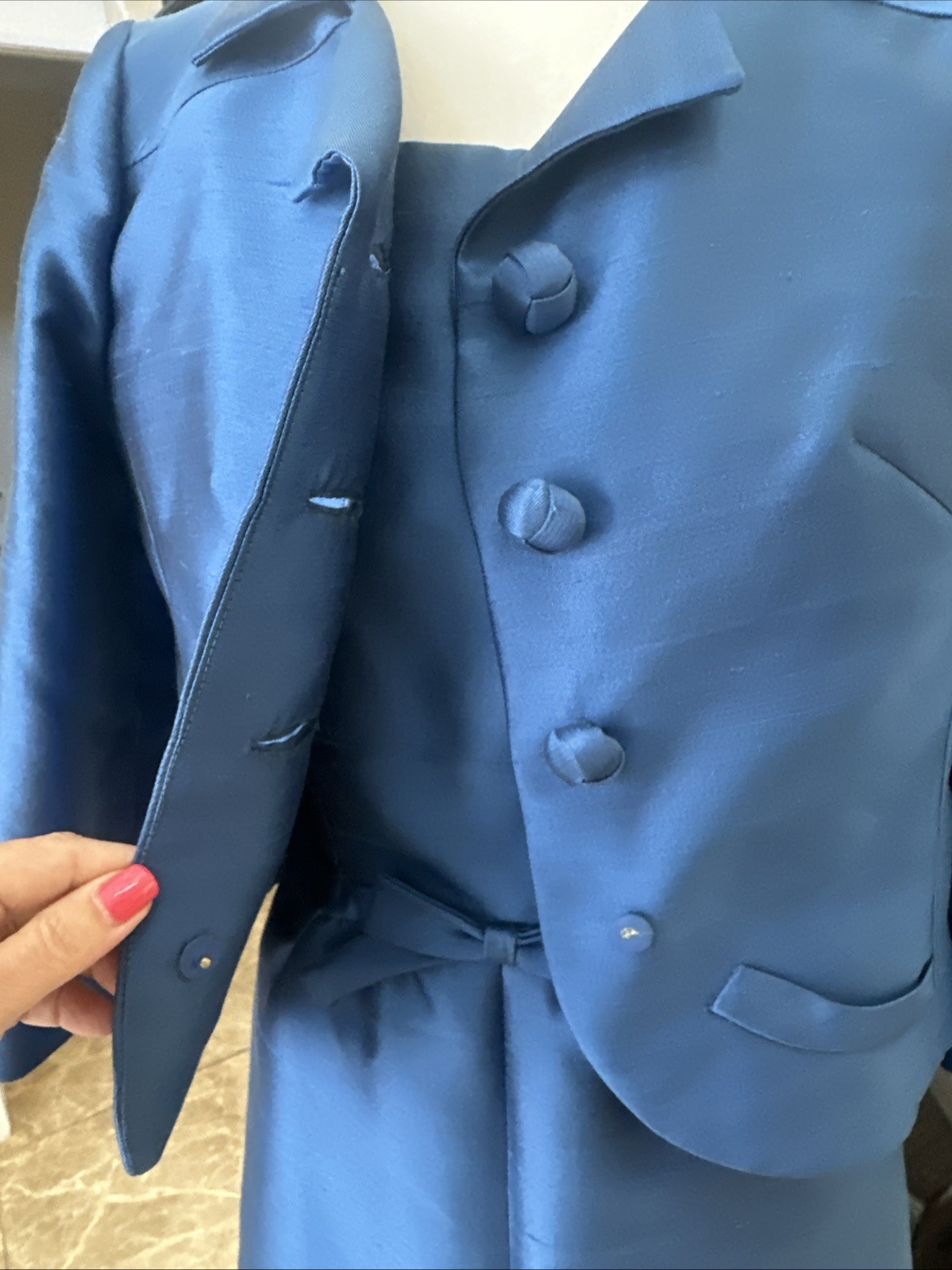 Hannah Troy VTG 50s Marine Blue Stiff Raw Silk Cocktail Dress Short Jacket S