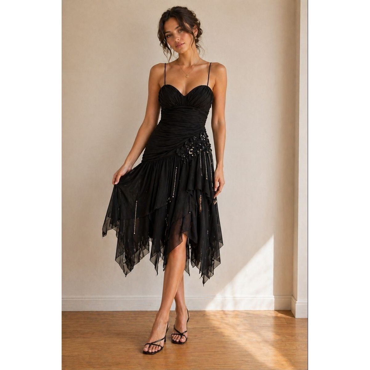 Vintage Elitra Casadei Black Ruched Beaded Sequin Cocktail Dress Sz 8 Hong Kong