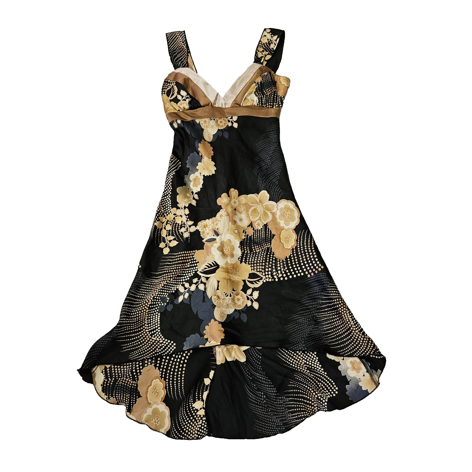 La Belle VTG Y2k Whimsygoth Floral High-Low Black Gold Satin Babydoll Dress Sz 3