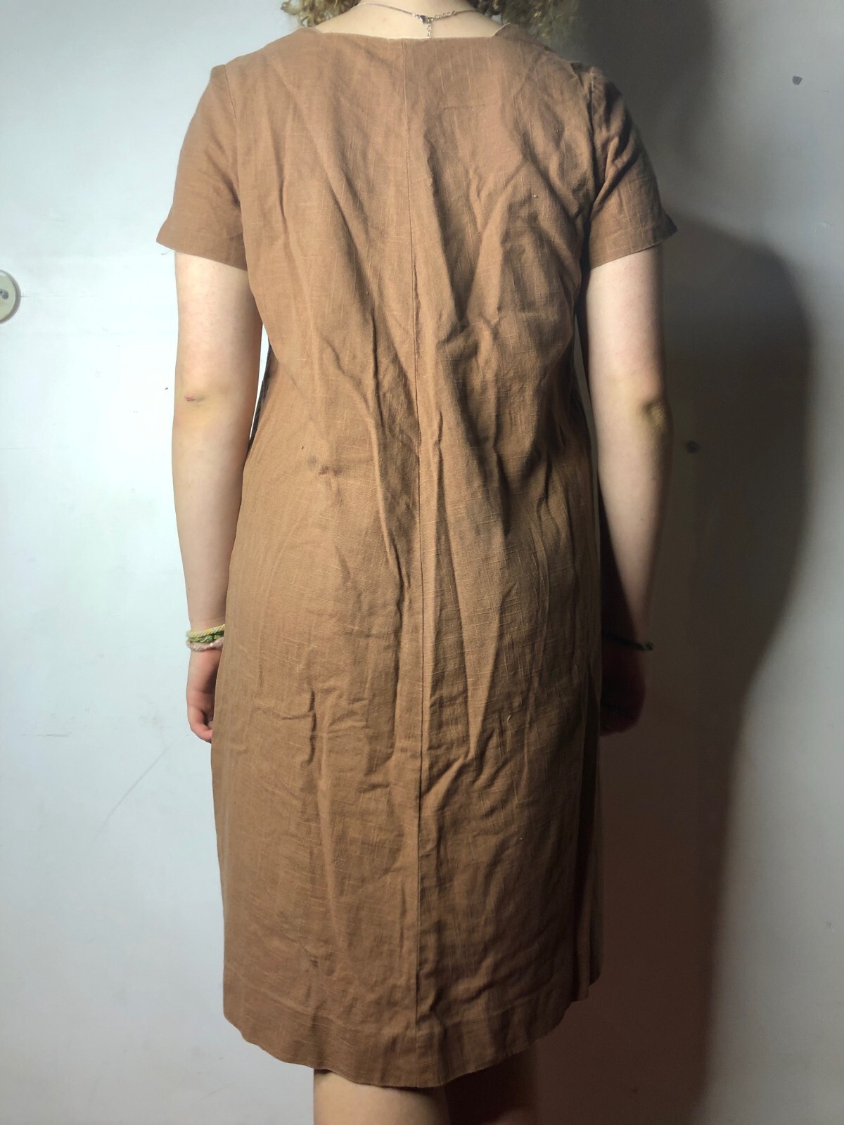 Vintage Revelry 1960s Brown Tunic Dress Linen with Embroidery AU 14