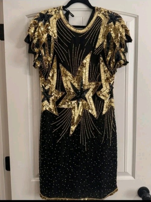 Vintage 80s Stenay Silk Black Gold Sequin Beaded Dress Art Deco Cocktail Size 10