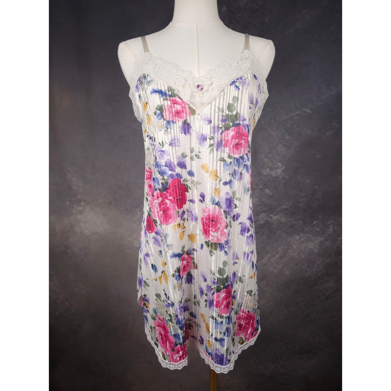 Vintage Y2K Floral Satin Stripe Lace Trim Chemise Slip Nightgown Coquette White