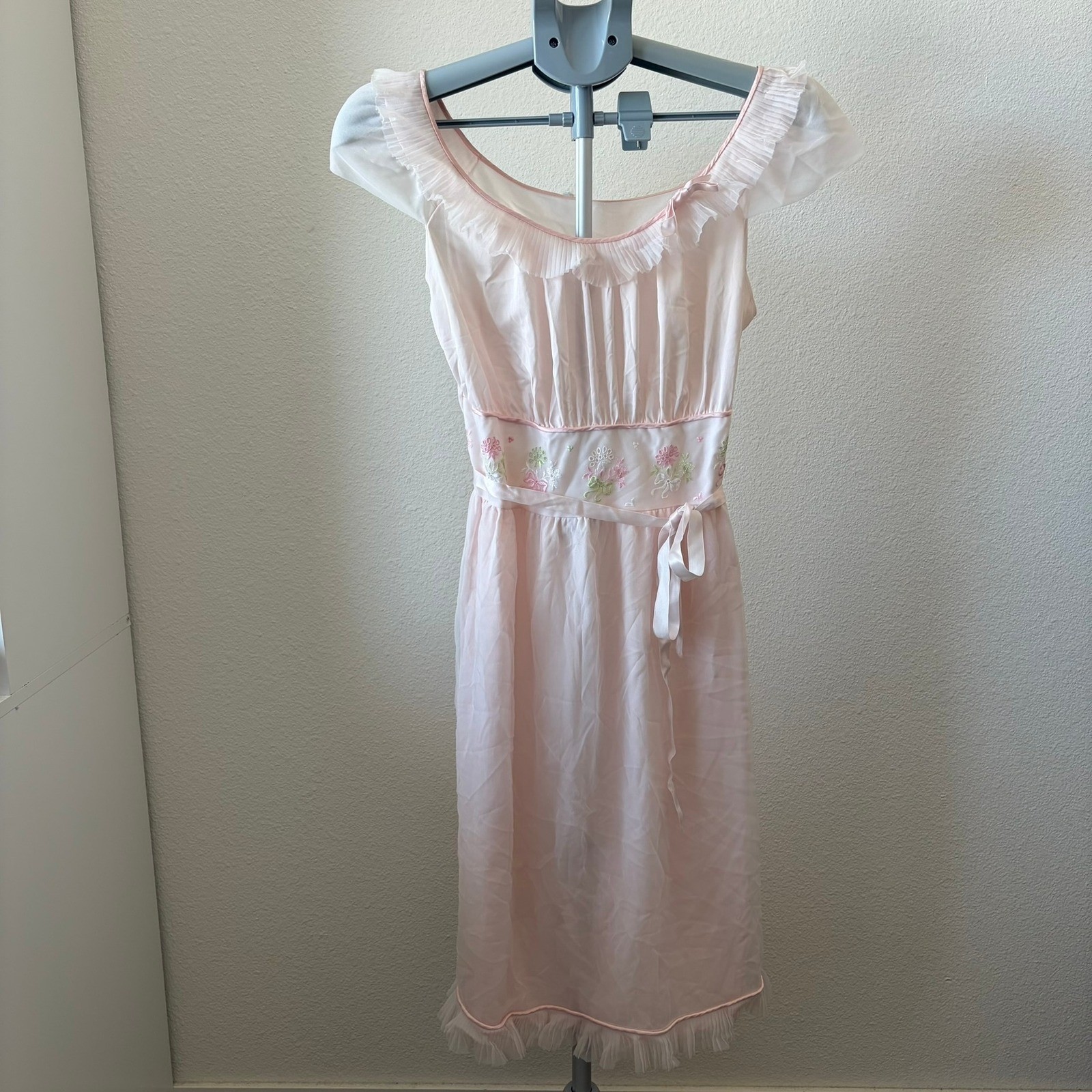 Charmode Nightgown Women 38 Pink Vintage Floral Embroidered Ruffle Sheer Sears