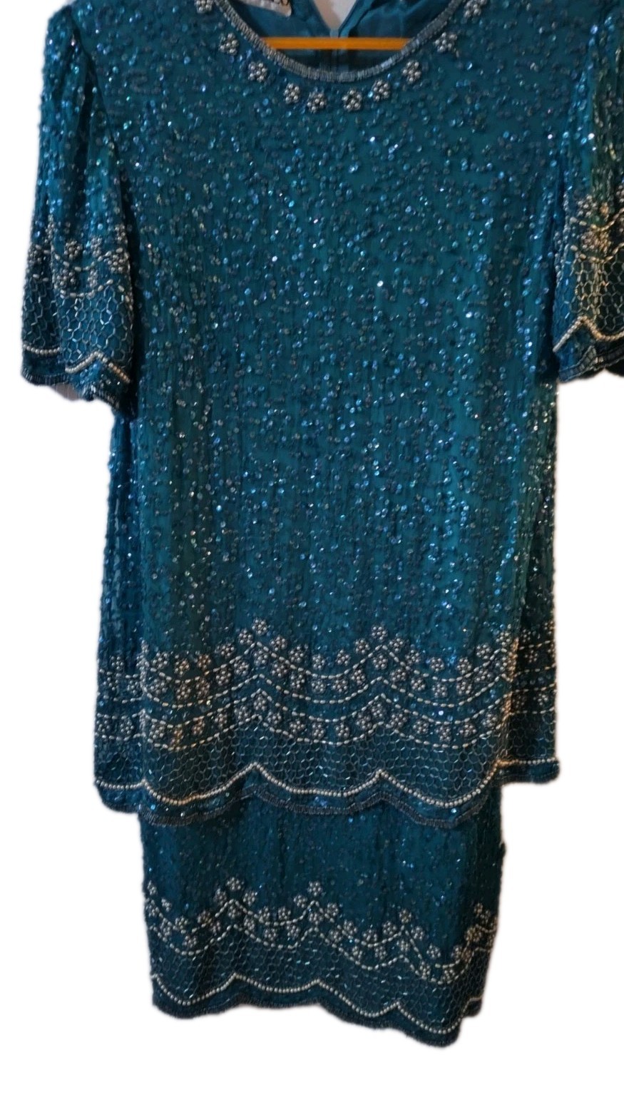 Vintage Victorian Silk Sequin Dress Size Sm 6/8 Embellished Emerald Green Peplum