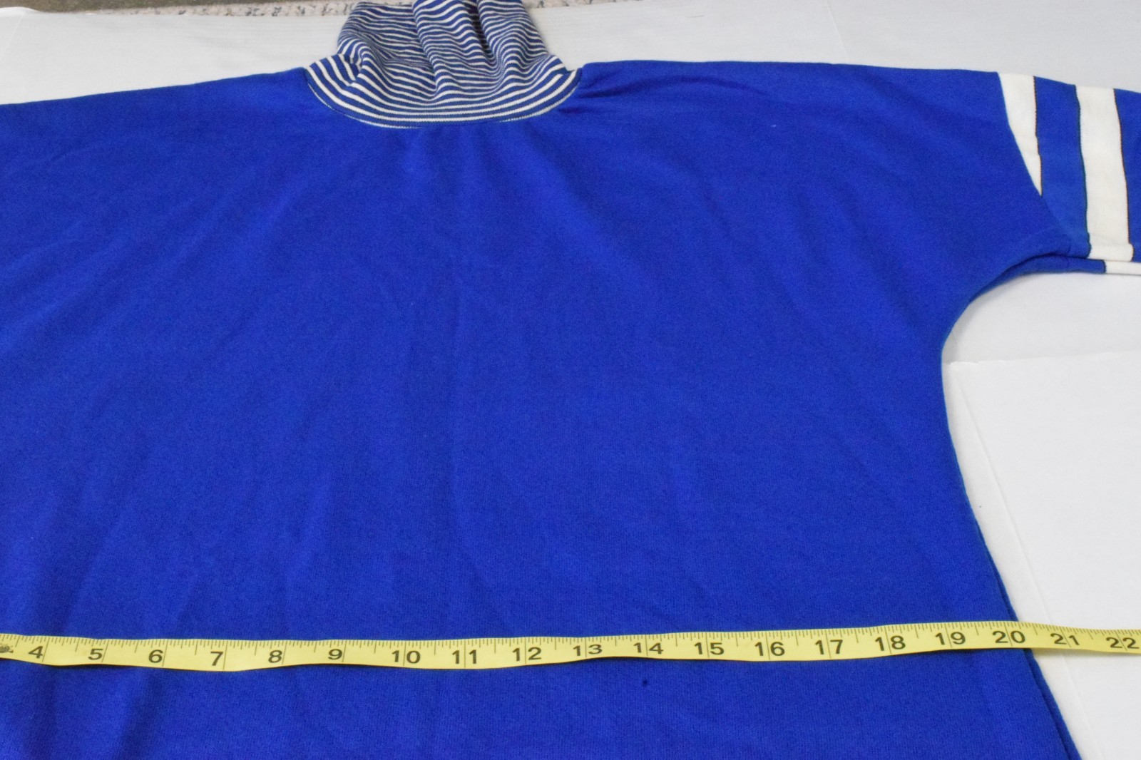 Vintage Housedress Dan Ellen Size S 70s Blue Stripe Sleeve Turtleneck Made USA