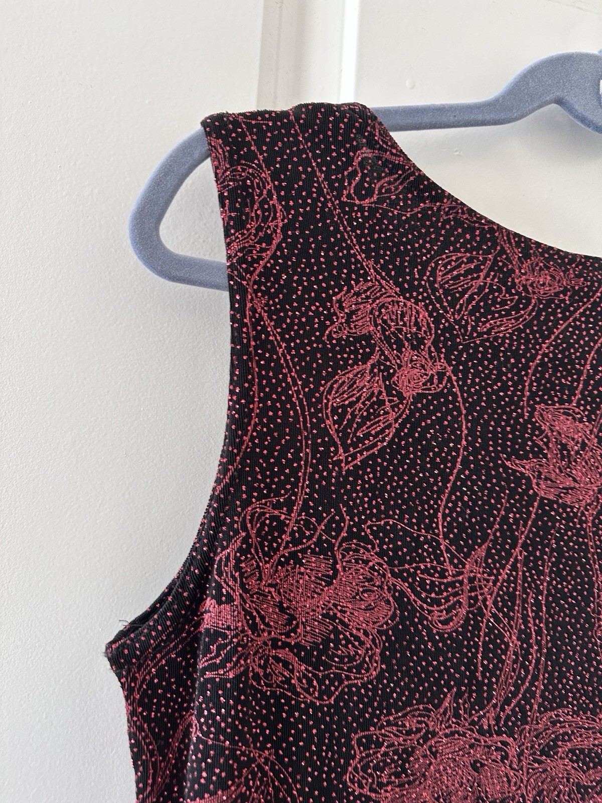 Vintage 90s JKLA Black & Red Glitter Floral Slinky Tank Top Women’s Sz Med Party