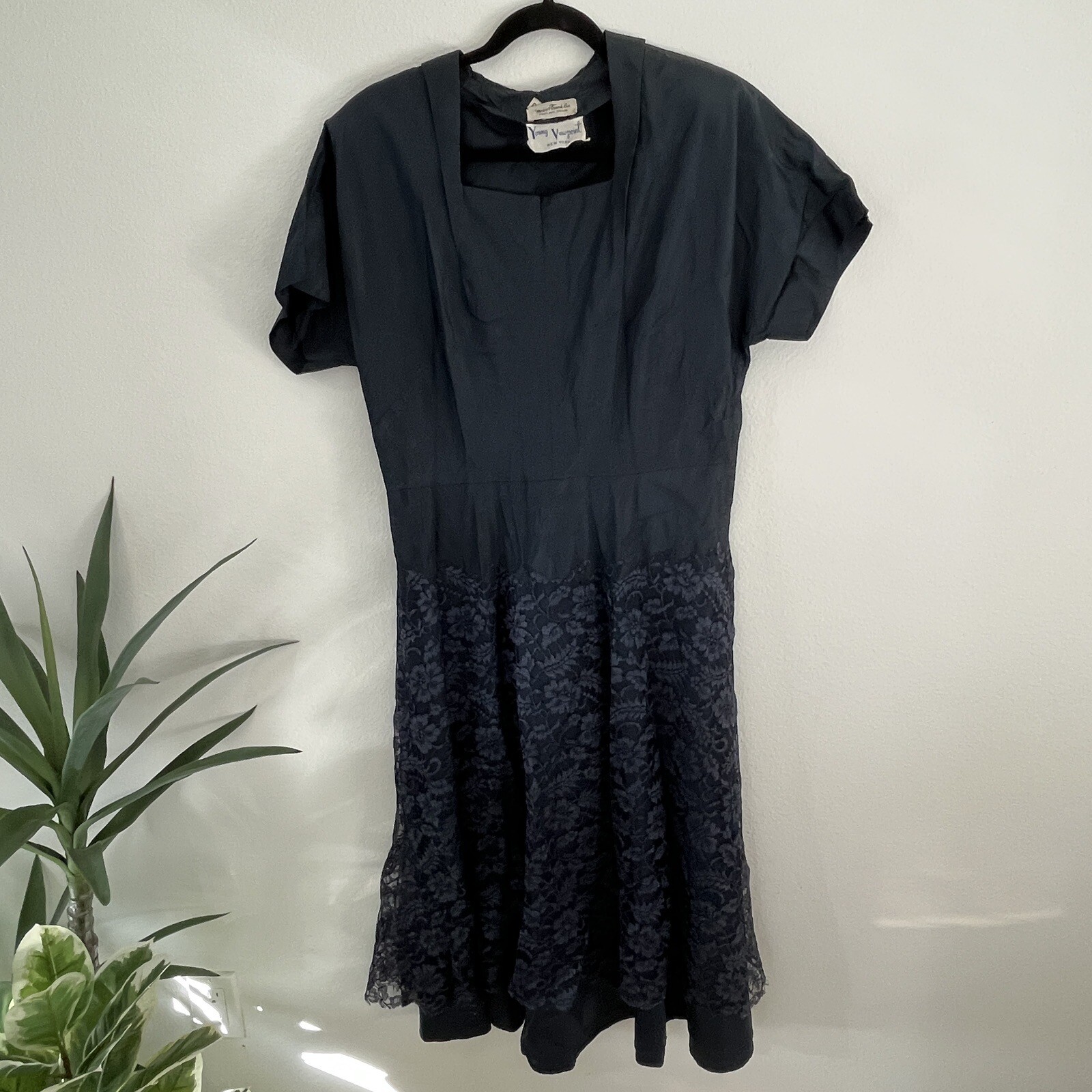 Vintage 50s Navy Blue Satin Dress Lace Skirt Young Viewpoint NY sz 10
