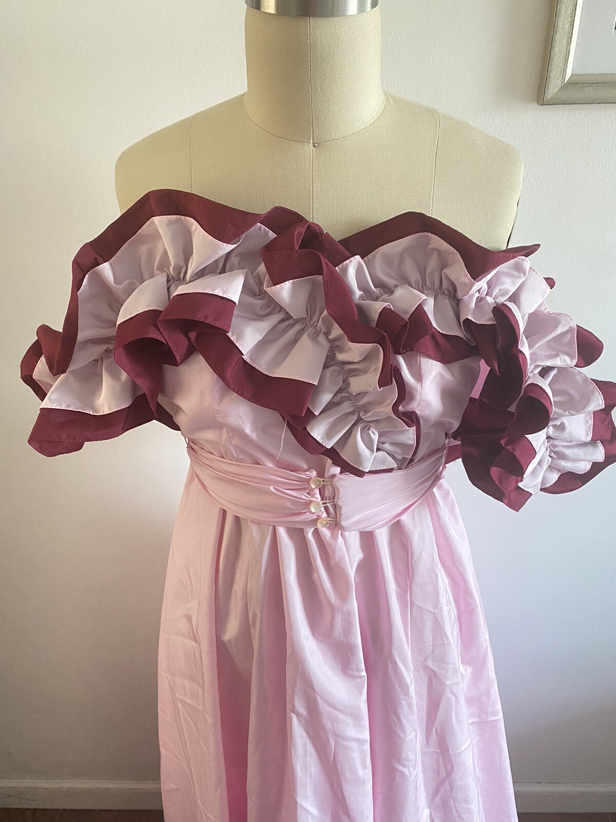 JC Penney Dress Light Pink, Deep Burgundy & Slip Southern Size 9/10 Ruffles Bows