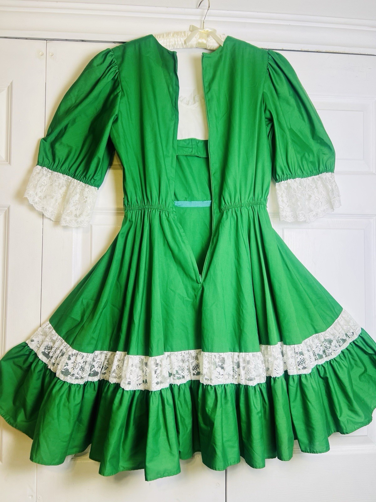 Vtg Partners Please Green White Lace Trim Flare Swing Square Dance Dress Size 12