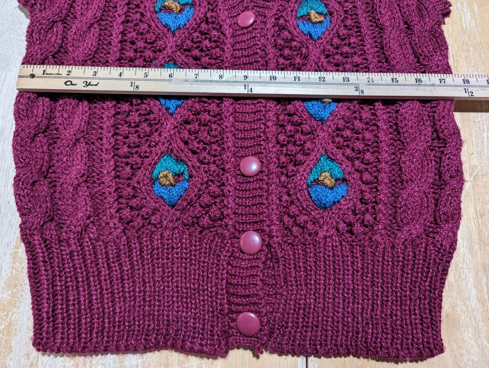 Weathervane hand knit Vintage Burgundy Blue Sleeveless Cardigan Size Large