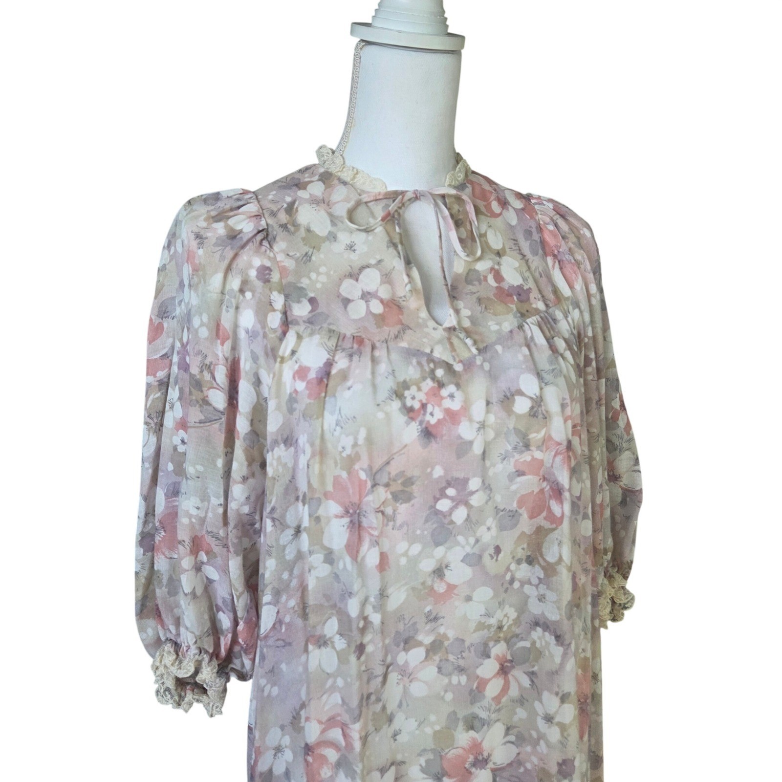 Vintage 70s Terri Juniors California Floral Lace Midi Dress Cottagecore Prairie