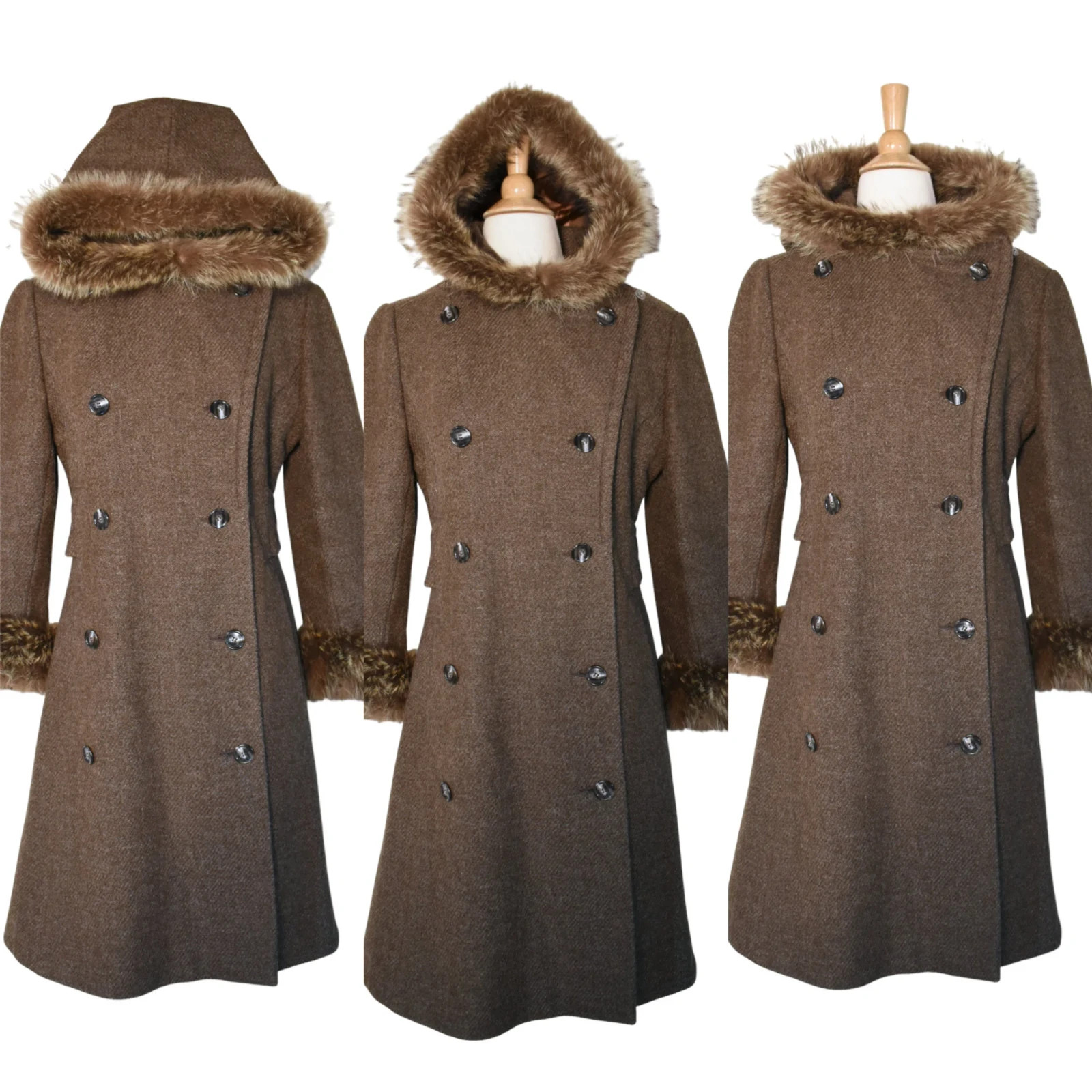 Vintage 70s Ronnie Sophisticates Cocoa Brown Wool Tweed Fur Hood Penny Lane Coat