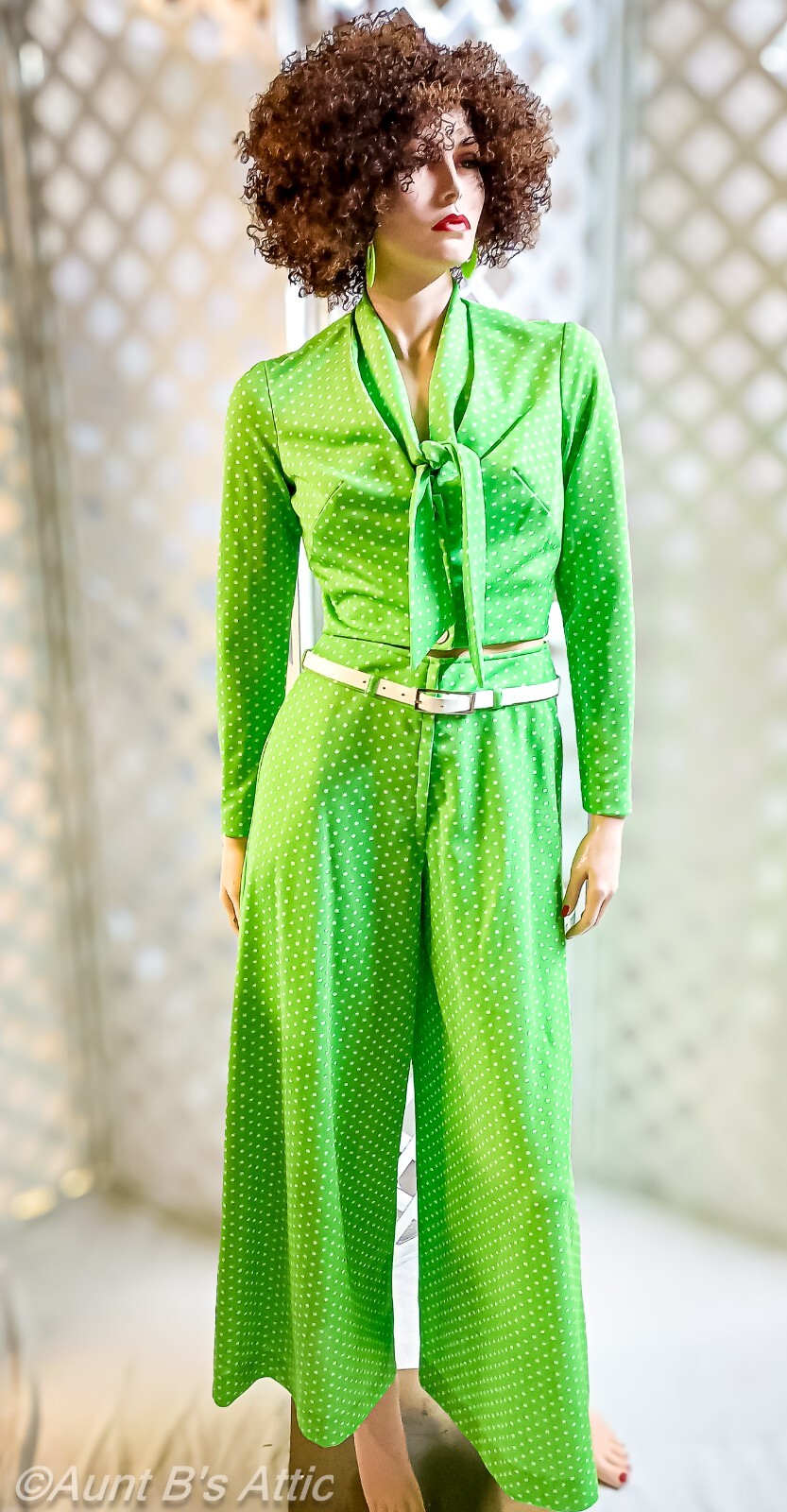Awesome Vtg 70’s 4 Pc Green Polka Dot Belted Bell Bottom Pant Top & Jacket Set S