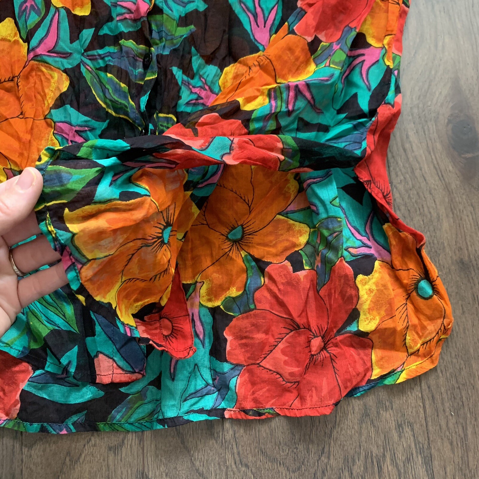 VTG 90s Bright Loud Floral Tropical Button Up Shirt Semi Sheer Blouse Womens S