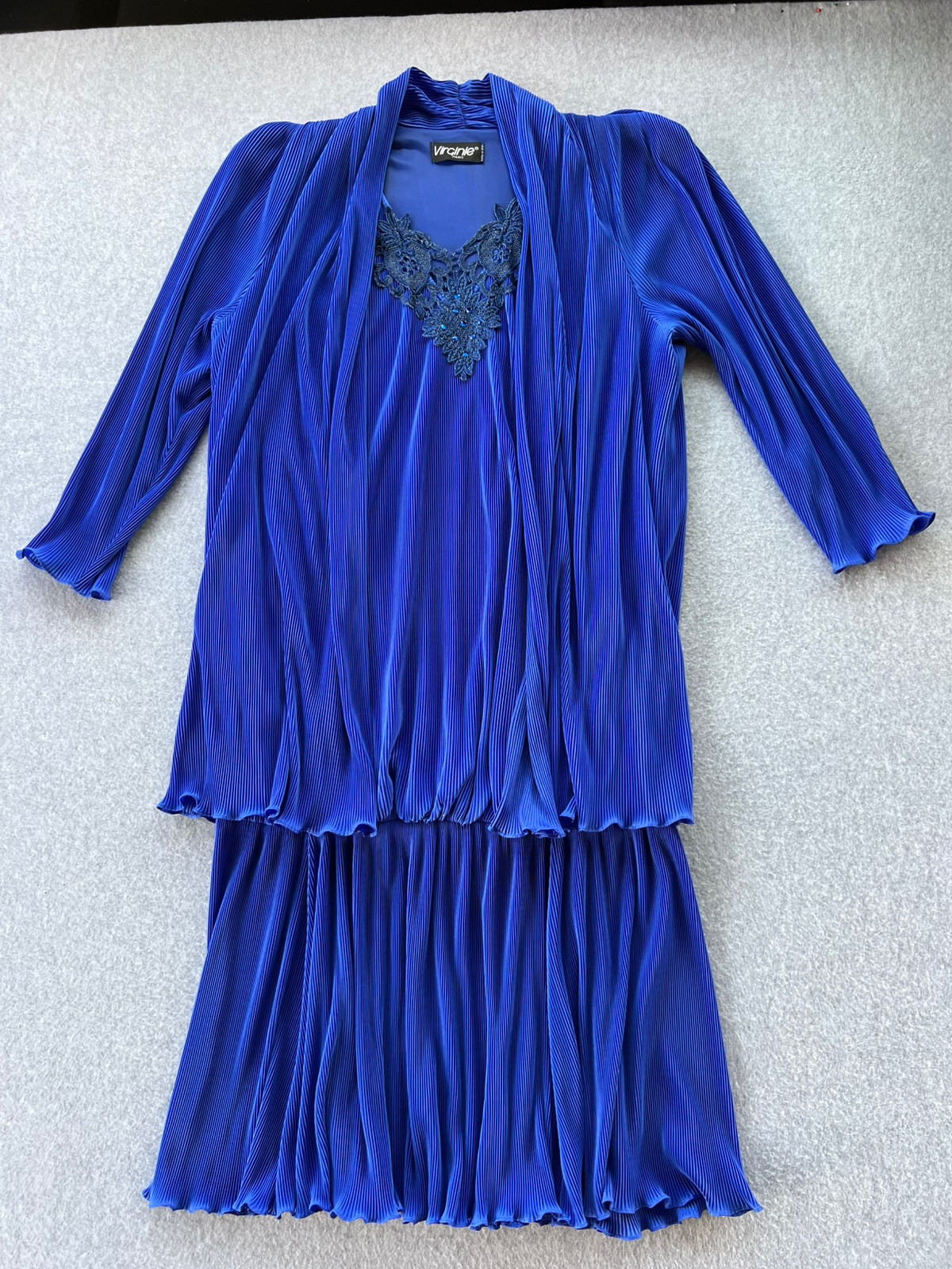 Virginie Paris Vintage 1980’s Long Sleeve Drop Waist Blue Crepe Dress 16-18