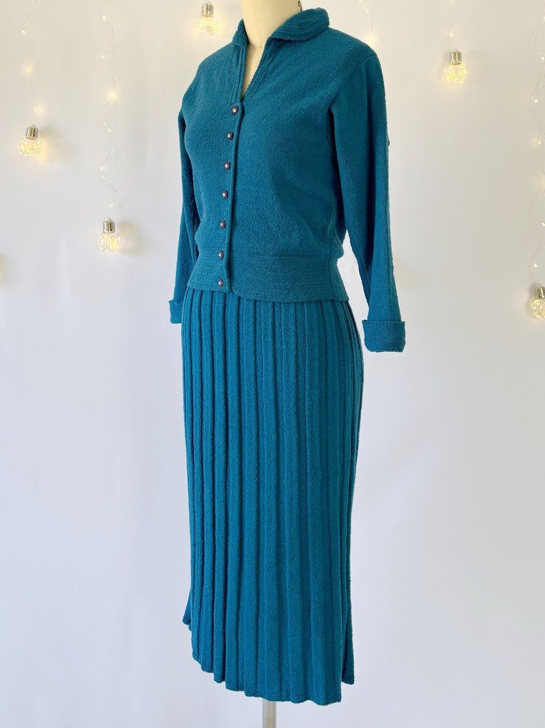 Vtg 40s 50s Knit Set Cardigan Sweater Skirt Teal Blue Chenille Wool Size S/M