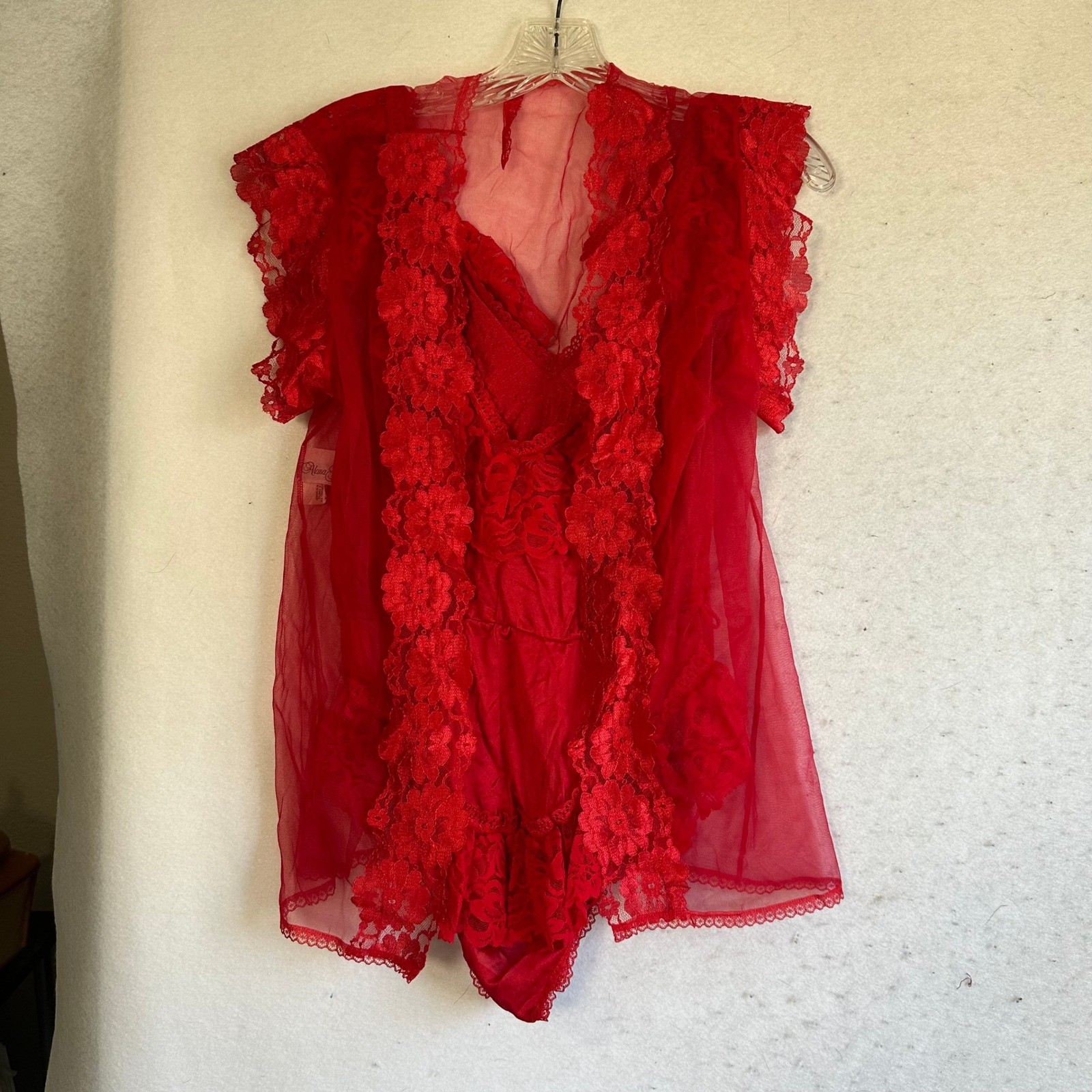 Vintage Alana Gale Red Lace Teddy Bodysuit and Sheer Mesh Robe Set Small 37014