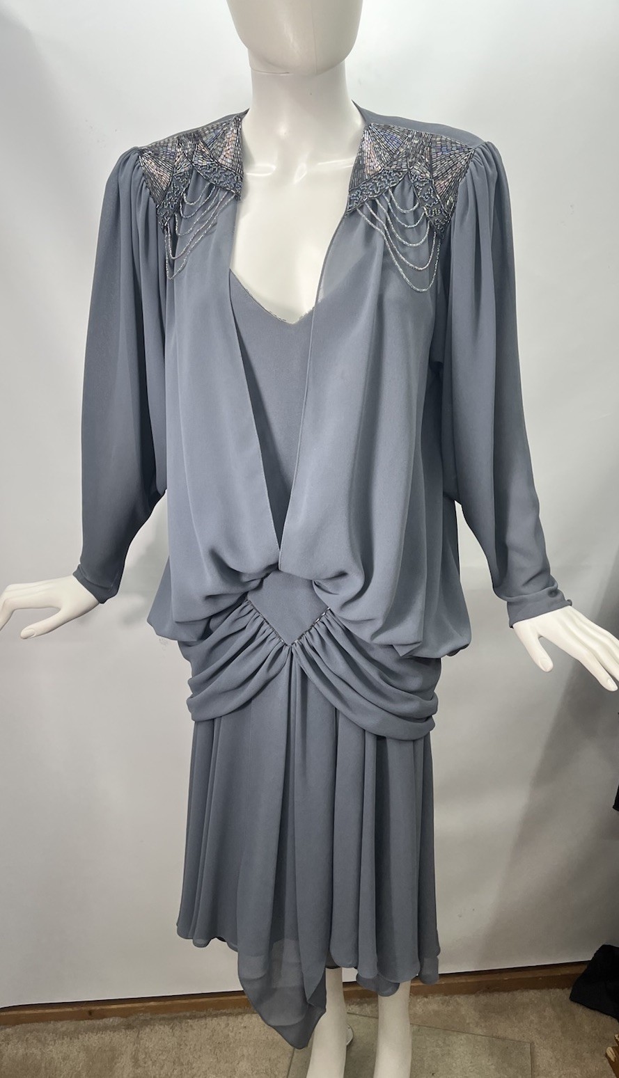 Vtg Casadei Dress Drop Waist Sequined Embellished Shoulder 80s Does 20s Gray M