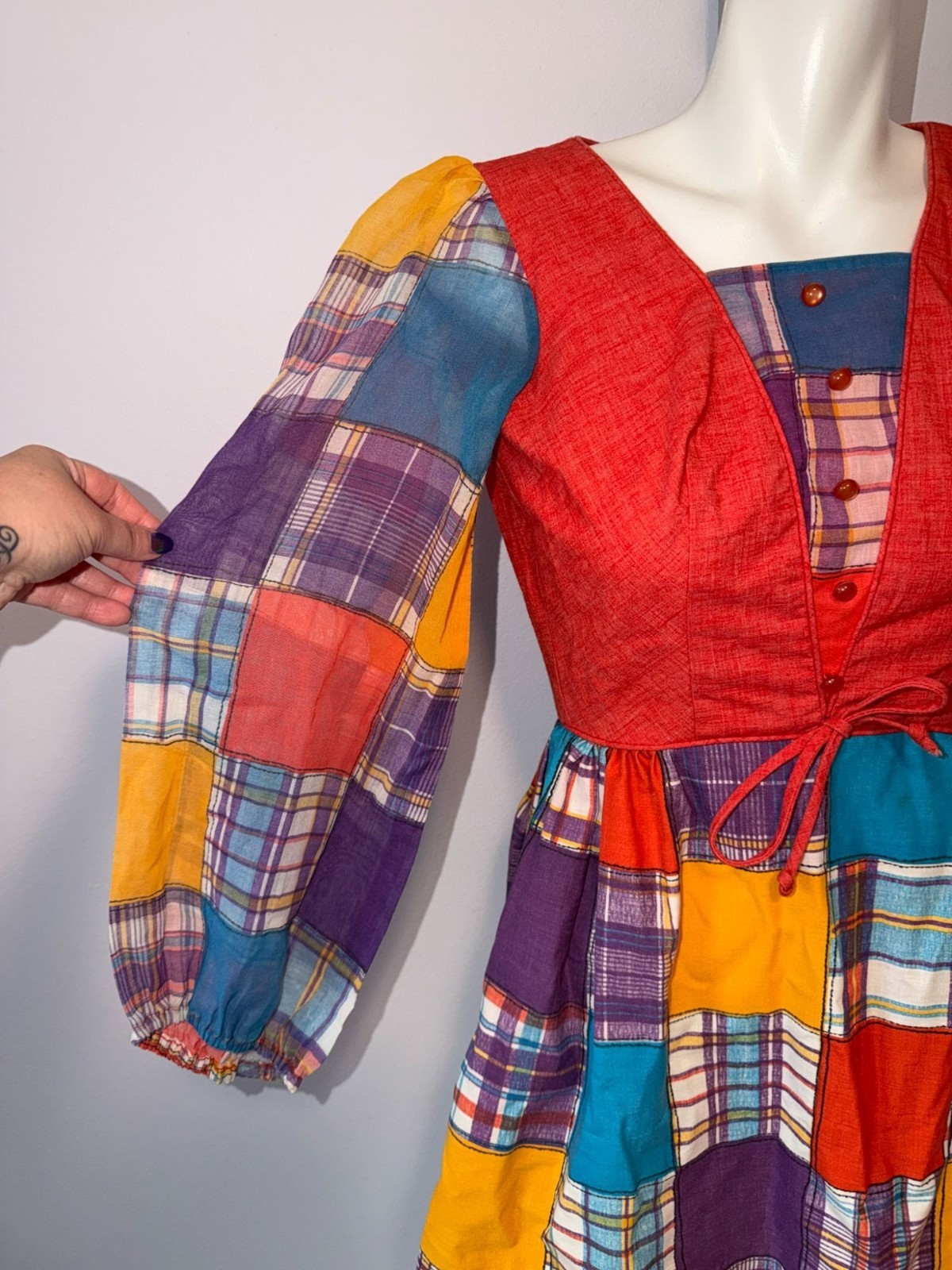 Vintage 70s Patchwork Plaid Micro Mini Dress Faux Vest Red Babydoll XXS/XS