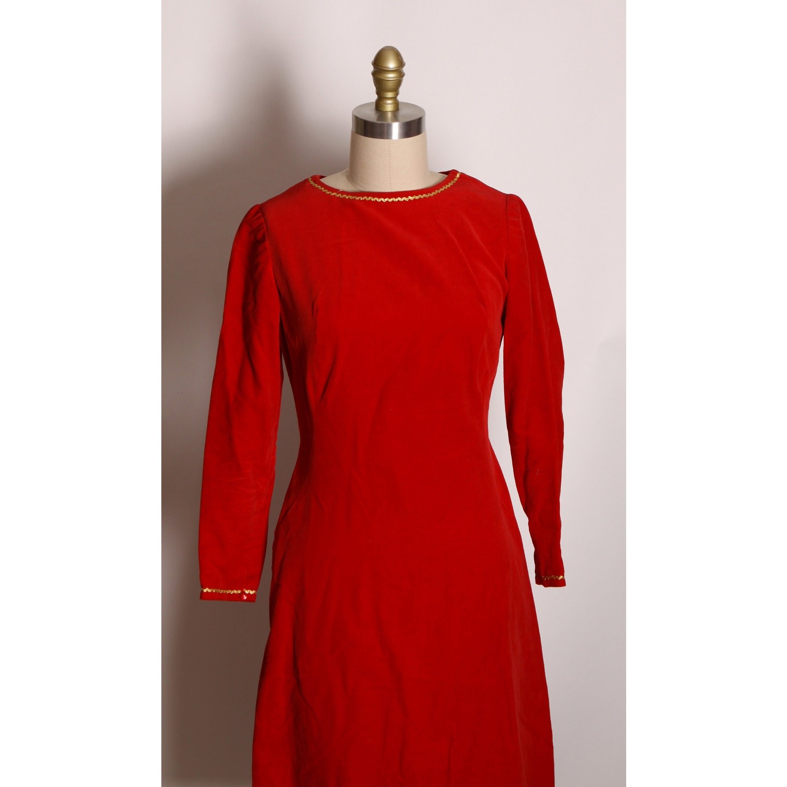 1960s Red Velvet 3/4 Length Sleeve Gold Trim Flared Christmas Dress