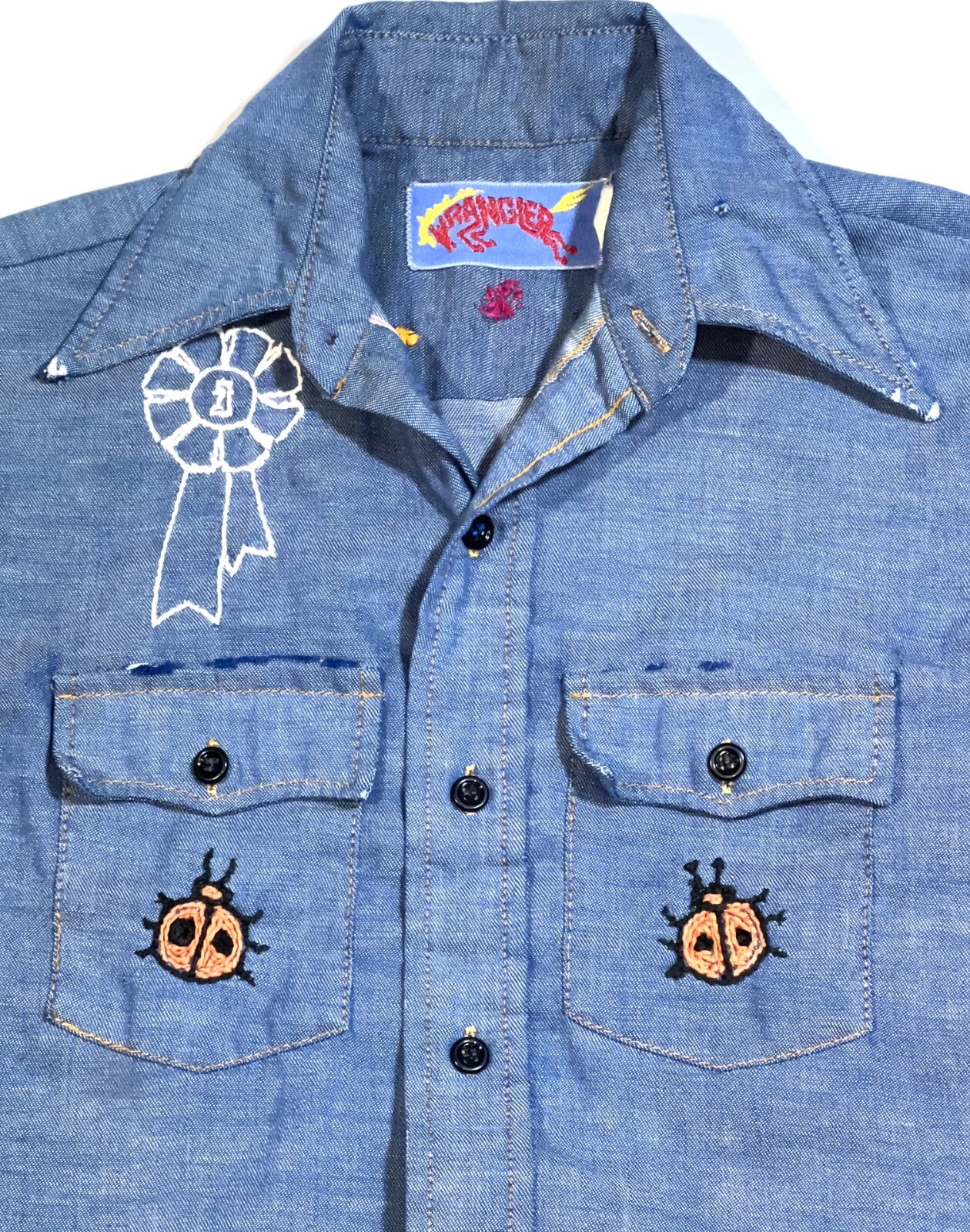 Wrangler VTG 70s Chambray Selvedge Denim Jean Embroidered Shirt Top XS/S/M