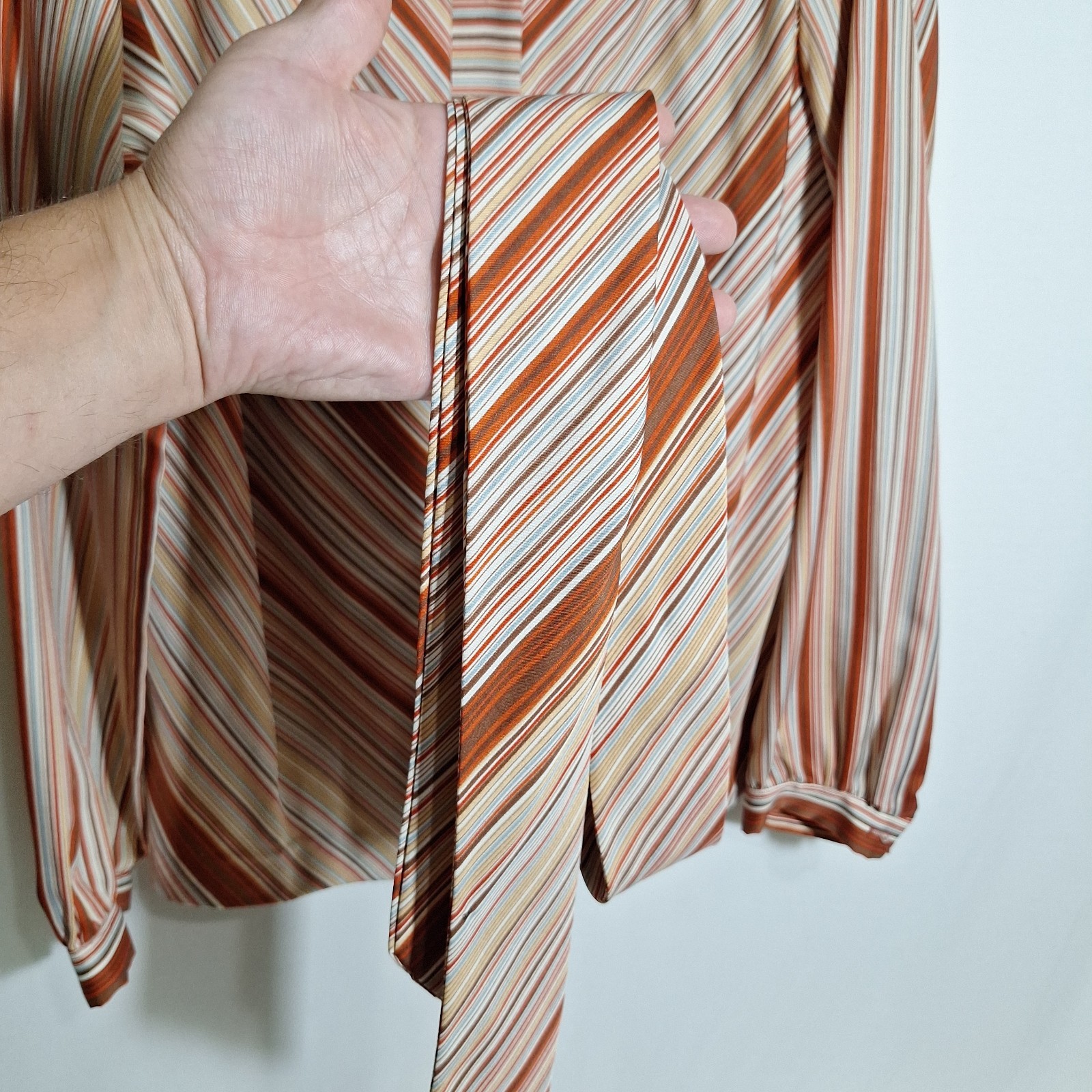 Vintage 1970s Alice Stuart Chevron Stripe Tie Neck Blouse Rust Brown Long Sleeve
