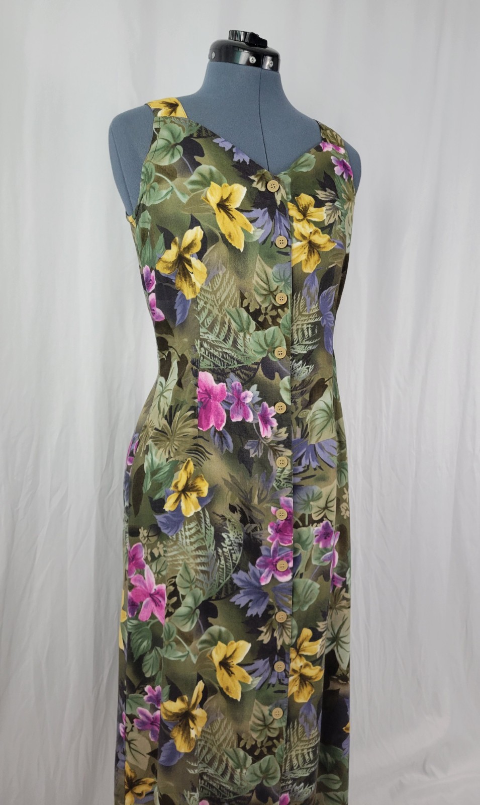 Vintage Erika Mossy Green Floral Sundress w Button Down Front Size Med Petite