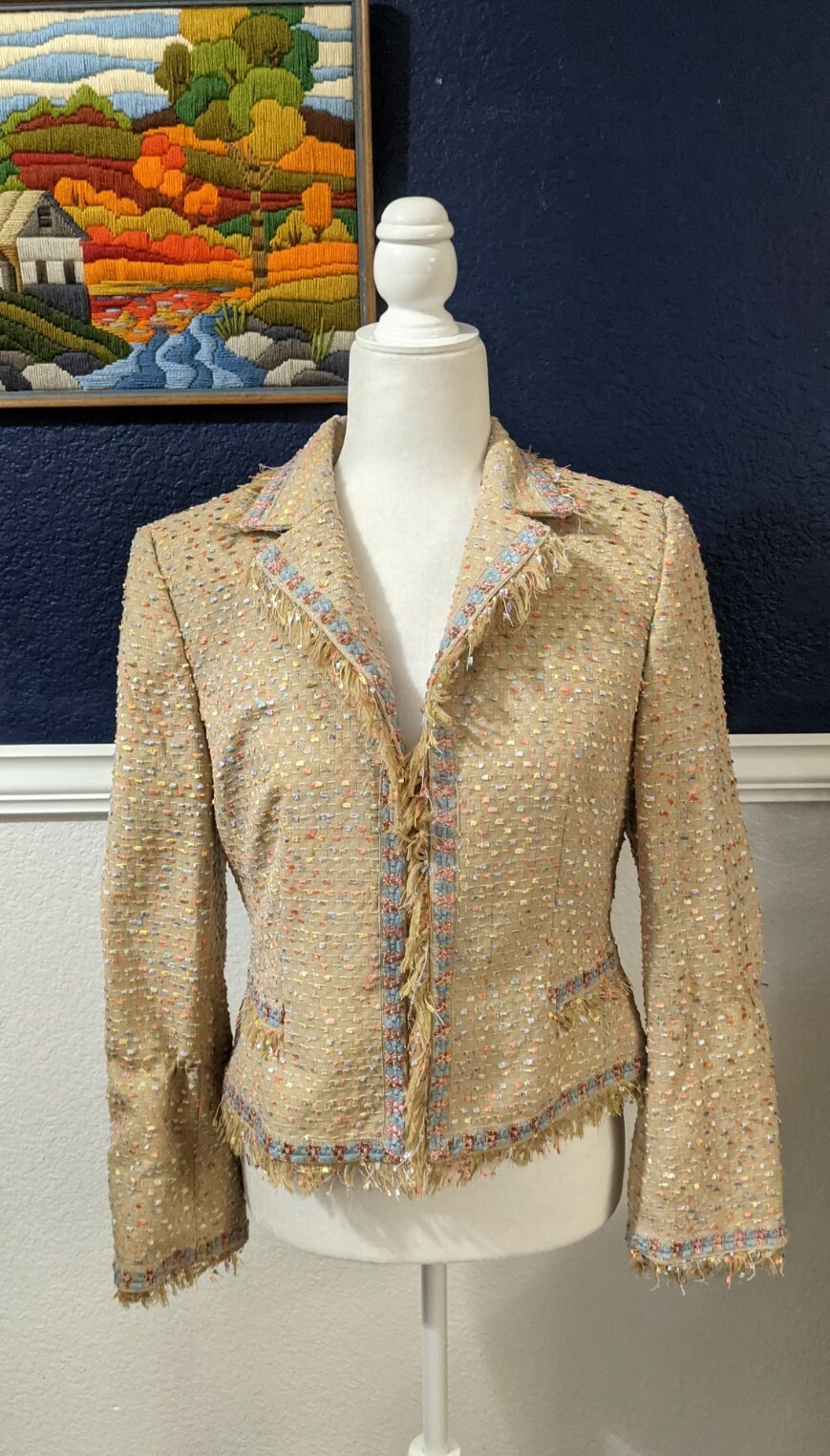 VTG Bergamo Studio Beige Blazer Jacket w/ Floral Fringe Stitches Sz 6 Small S