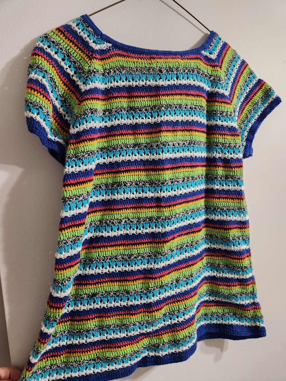 Vintage 90s Beldoch Popper Cap Sleeve Crochet Knit Top Ramie Cotton Boho Size M