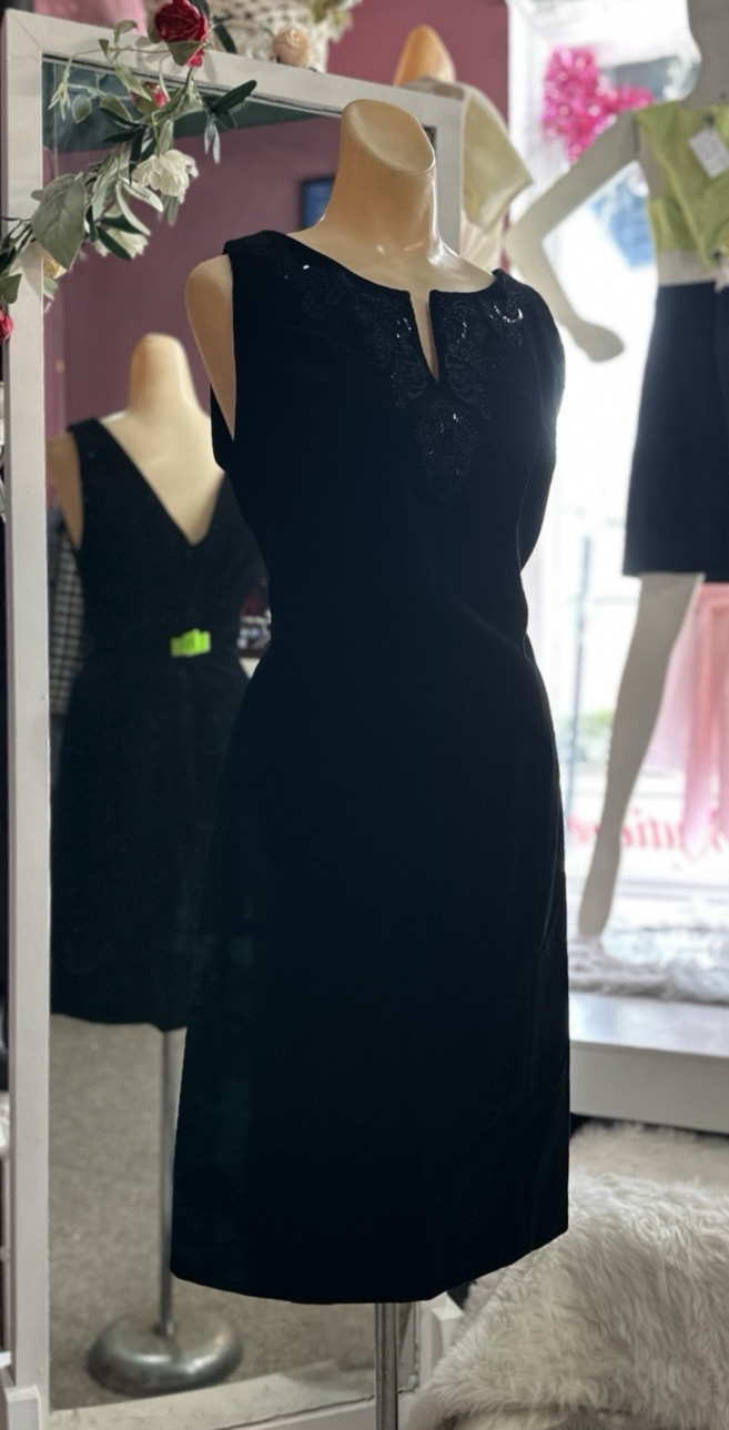 Vintage 90s Black Velvet Mini Dress Laura Ashley Beaded Cocktail Party M/L