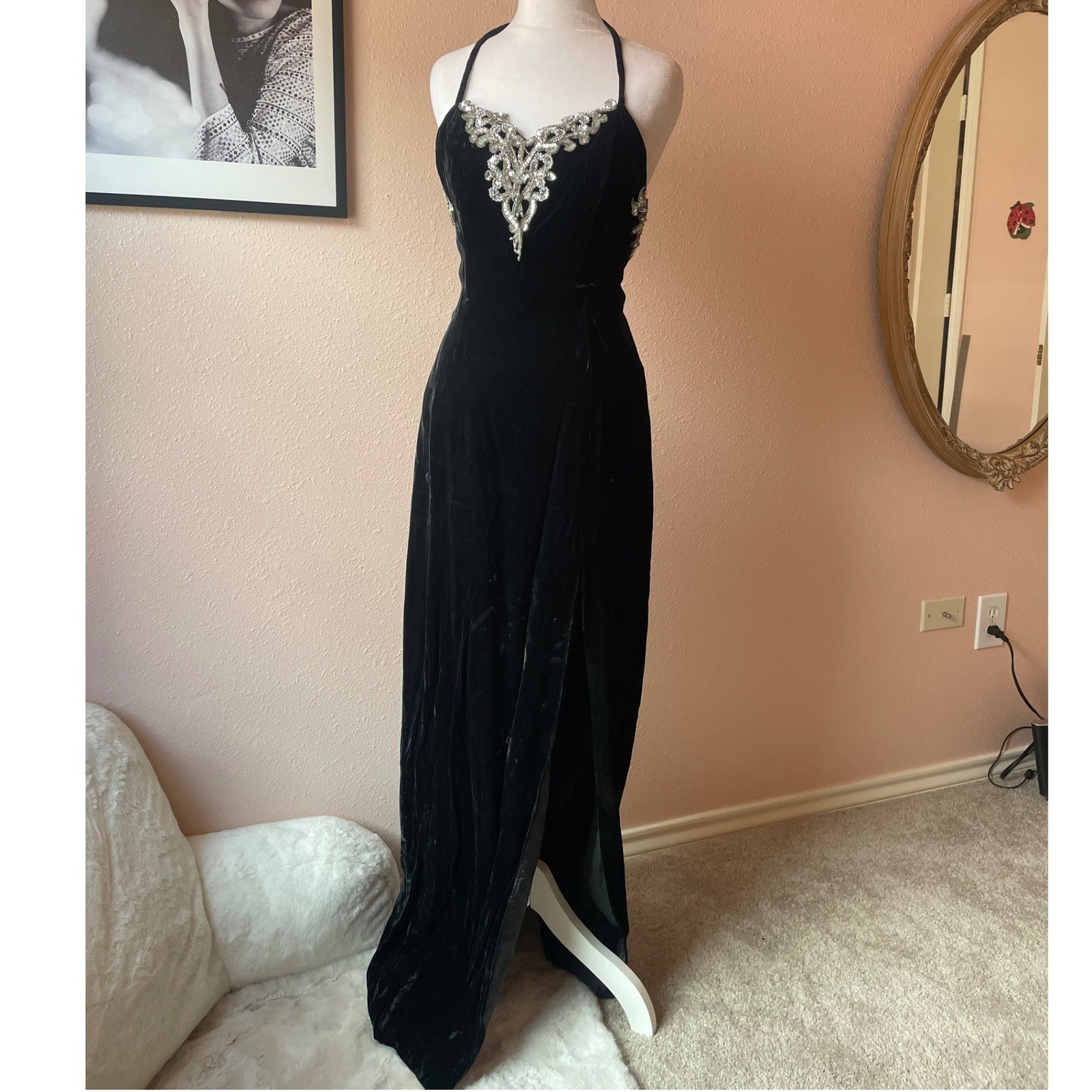 Vintage 80s / 90s Black Velvet Sequined Cocktail Dress