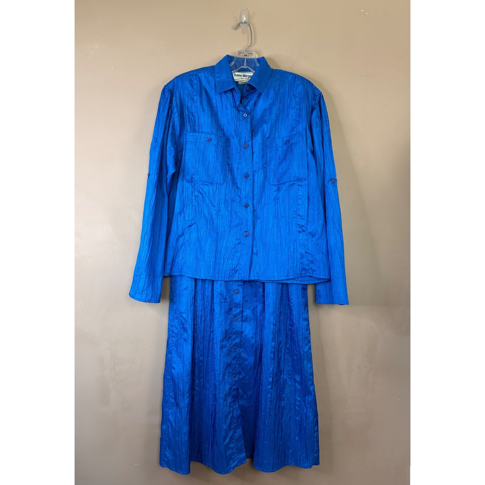 Donna Morgan Non Stop Royal Blue Crinkle 2 Piece Shirt and Maxi Skirt Set 11/12