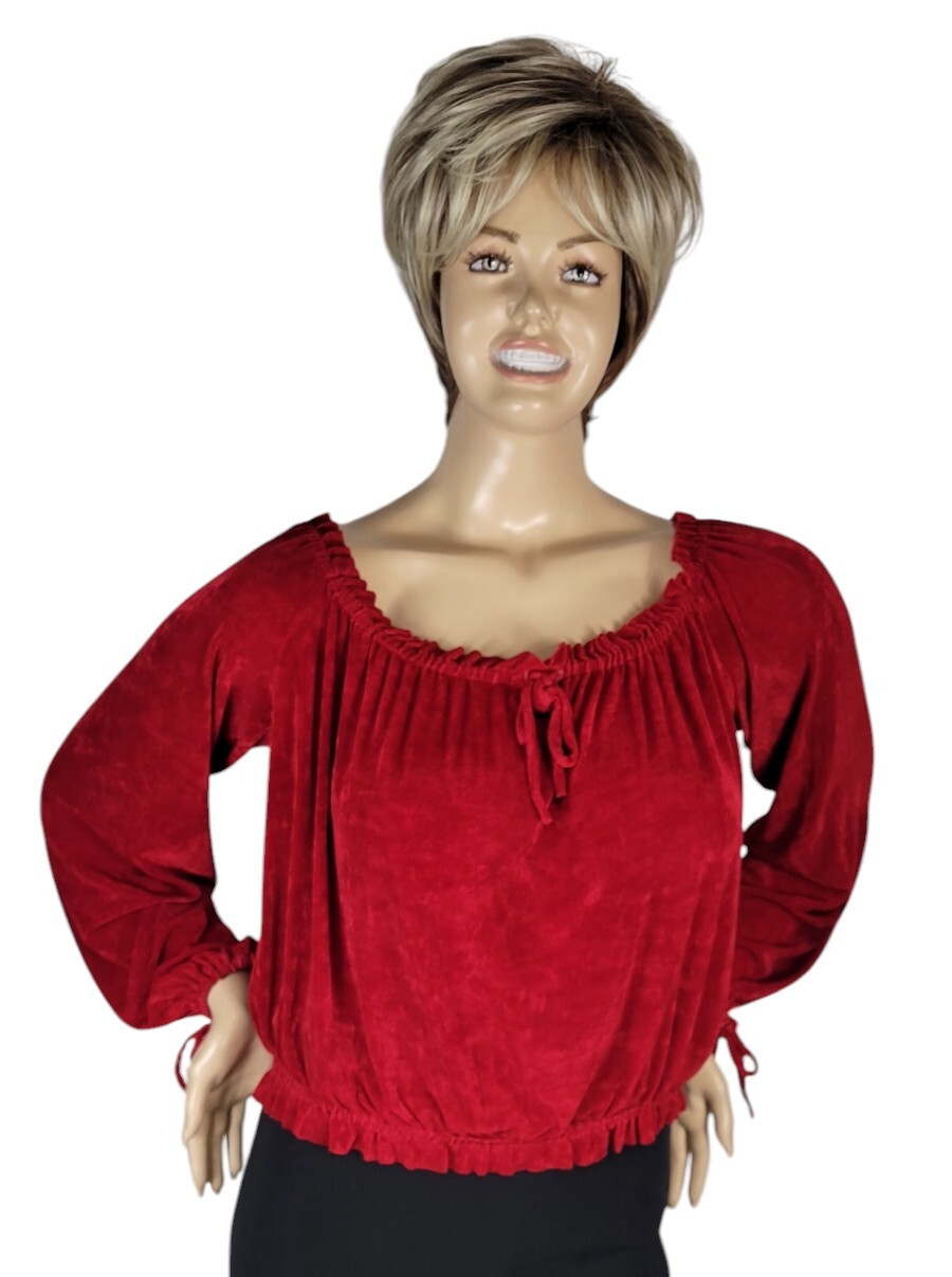 Vintage Banjo Dallas Tx Red Slinky Stretch Ruffle & Tie Cropped Top Blouse XL