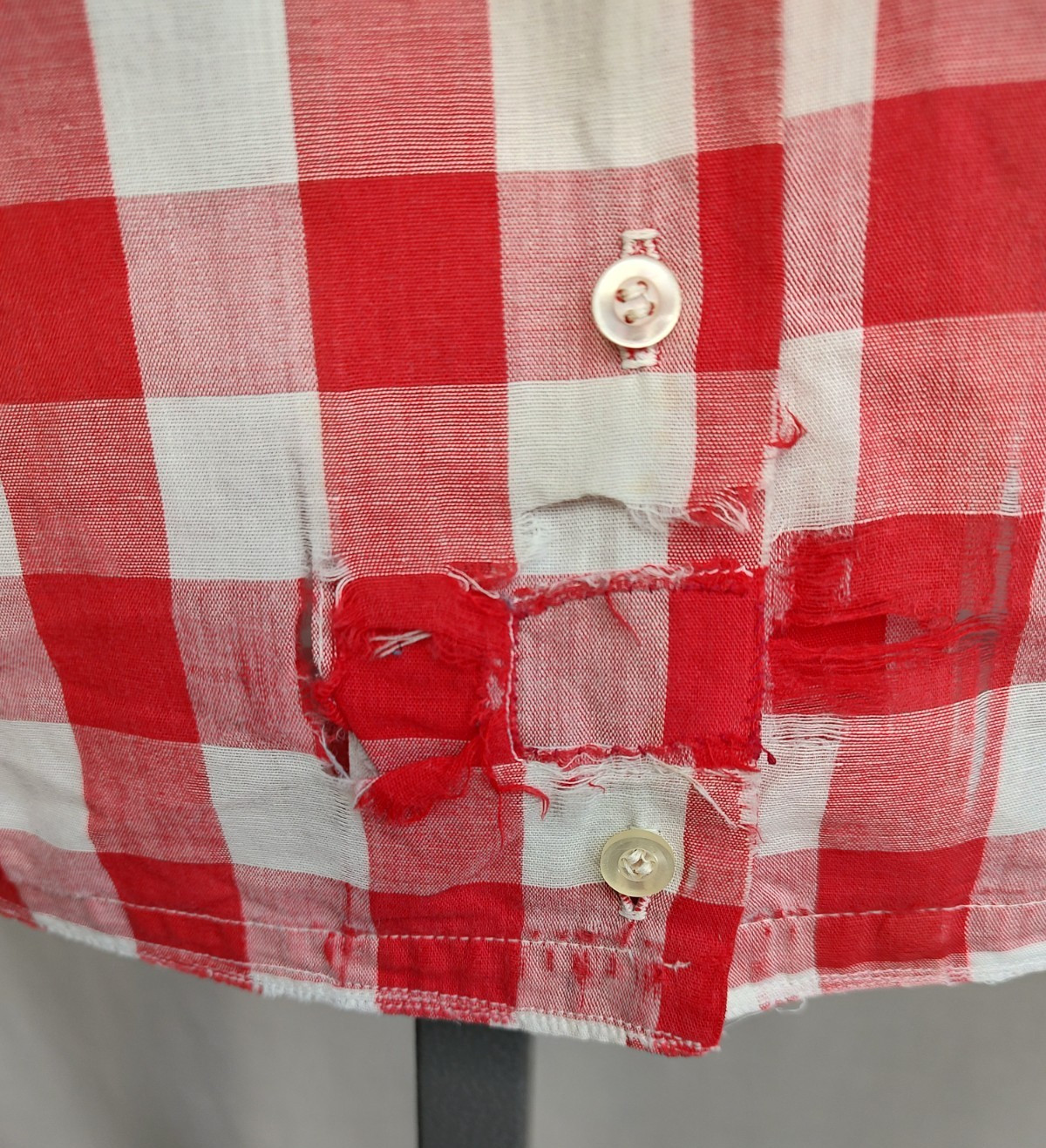 Vtg 50s/60s Shirt Womens Sz Sm Red White Check Loop Collar Distressed Rockabilly