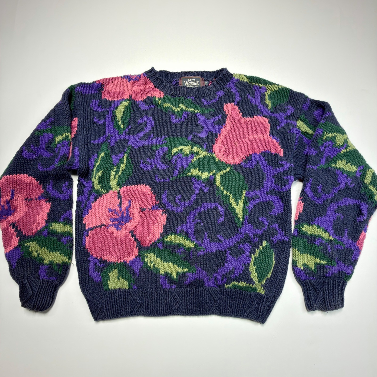 Woolrich Floral Hand Knit Wool Sweater Women’s Small Vintage Cottagecore Chunky